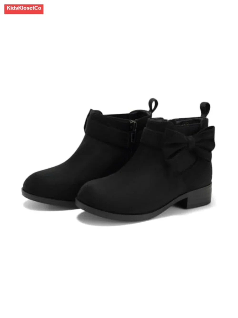 Girls Bow Ankle Boots Faux Suede Chunky Low Heel Chelsea Zipper Booties
